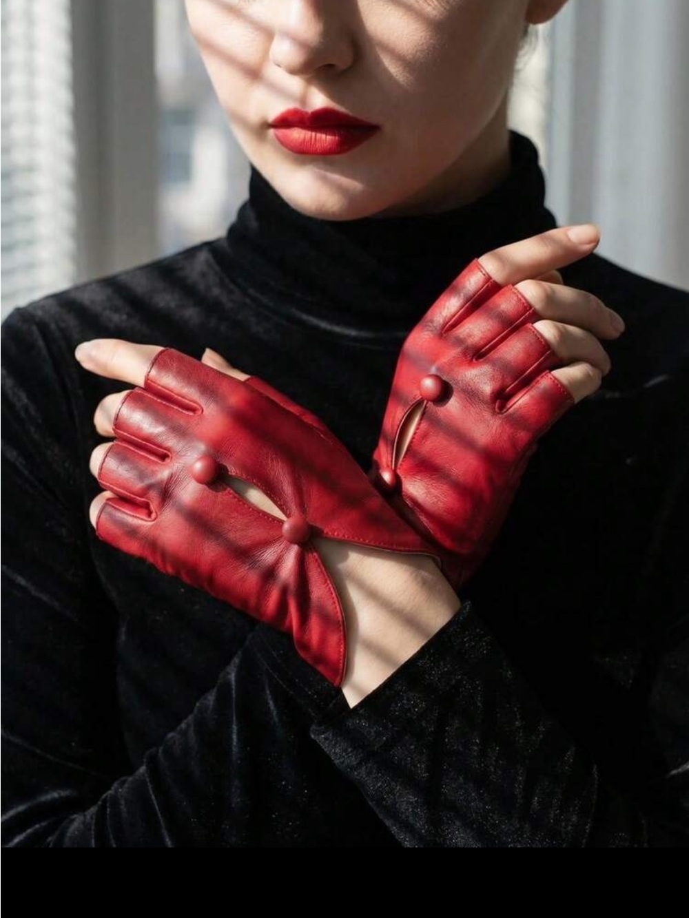 Classic Red Leather Fingerless Gloves with Button Accents